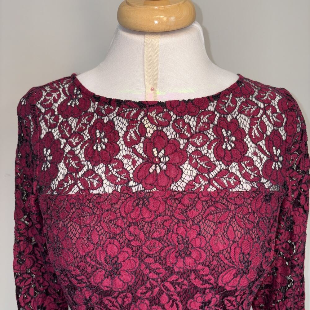 Retro Glam Illusion Lace Floral Holiday Cocktail Dress Burgundy Black 10 - Picture 7 of 15